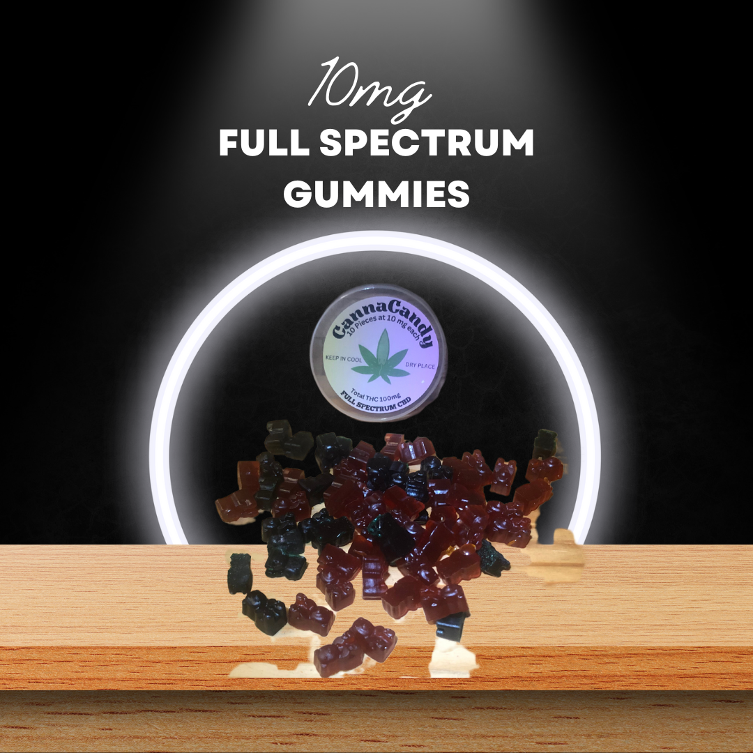 A display of 10 mg full-spectrum CBD gummies on a wooden surface, with a product jar and glowing ring light in the background.
