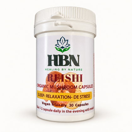 Front view of Healing by Nature Reishi bottle labelled 30 vegan-friendly capsules on a light background