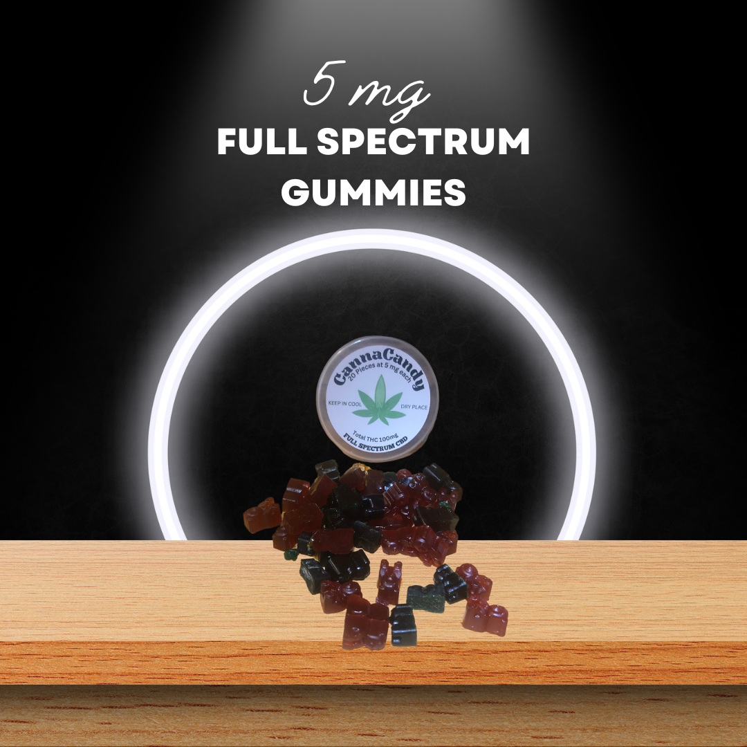 Image showing 5 mg full-spectrum gummies in various colors on a wooden surface, with a product jar and glowing ring light in the background.