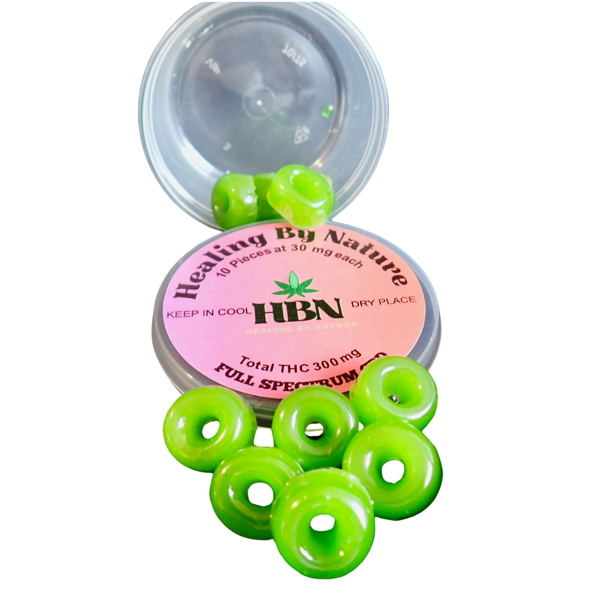 An open container labeled "Healing By Nature" with 10 green gummies spilled out. The label states 30mg per gummy, totaling 300mg THC