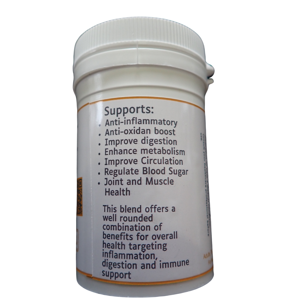 **Alt Text**:
HBN supplement label listing benefits: anti-inflammatory, antioxidant, digestion, circulation, blood sugar, joint, and muscle health.