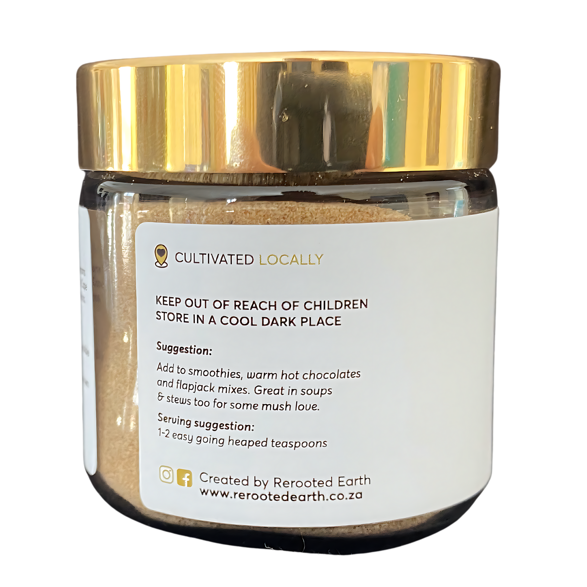 A jar of Lion's Mane functional mushroom powder with a gold lid, displaying storage instructions, usage suggestions, and brand information on the label.