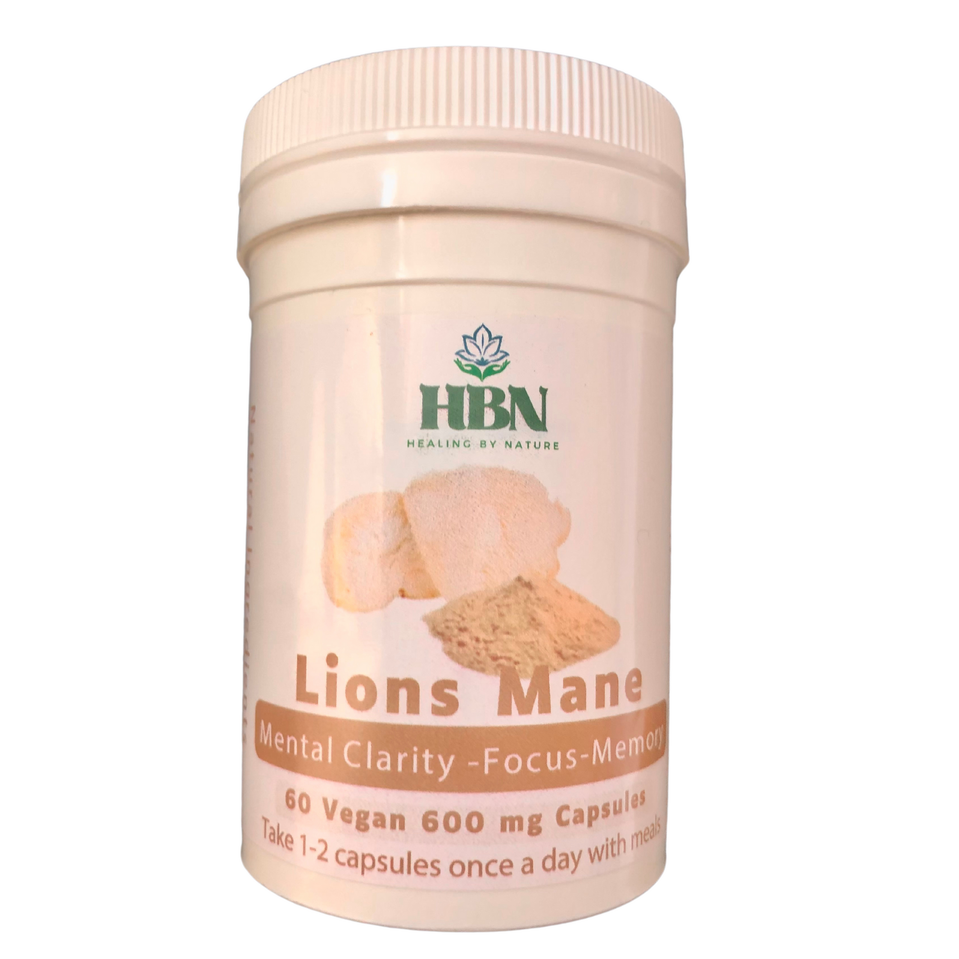 A white supplement bottle with benefits listed including cognitive support, memory boost, nerve growth, anxiety relief, immune boost, brain health, mood balance, rich in antioxidants, and reduced inflammation. The label also emphasizes 100% natural ingredients for holistic well-being.