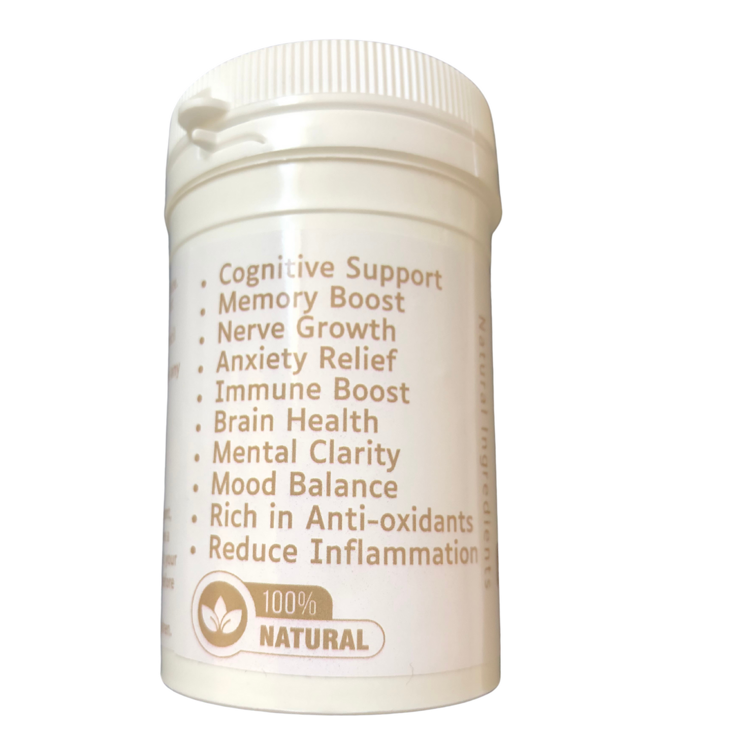 A white bottle with a label listing benefits such as cognitive support, memory boost, nerve growth, anxiety relief, immune boost, brain health, mental clarity, mood balance, rich in antioxidants, and inflammation reduction. The product is highlighted as 100% natural.