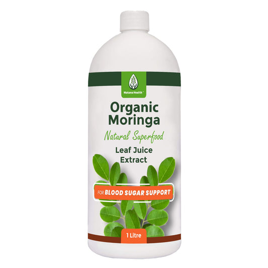 1-litre bottle of Healing by Nature's Organic Moringa Leaf Juice Extract, labeled for blood sugar support with natural ingredients.