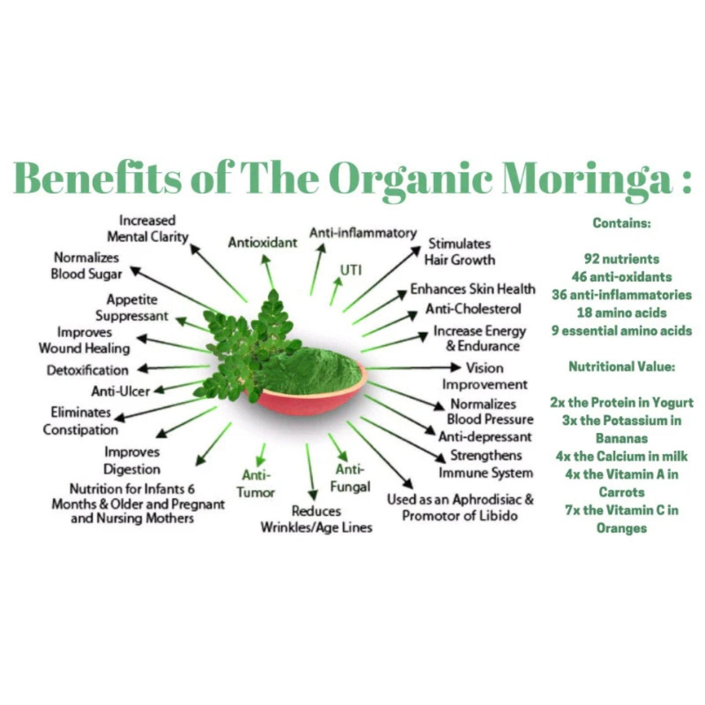 Infographic detailing the benefits of Organic Moringa, highlighting its 92 nutrients, antioxidants, anti-inflammatory properties, and support for mental clarity, blood sugar, digestion, and immune health