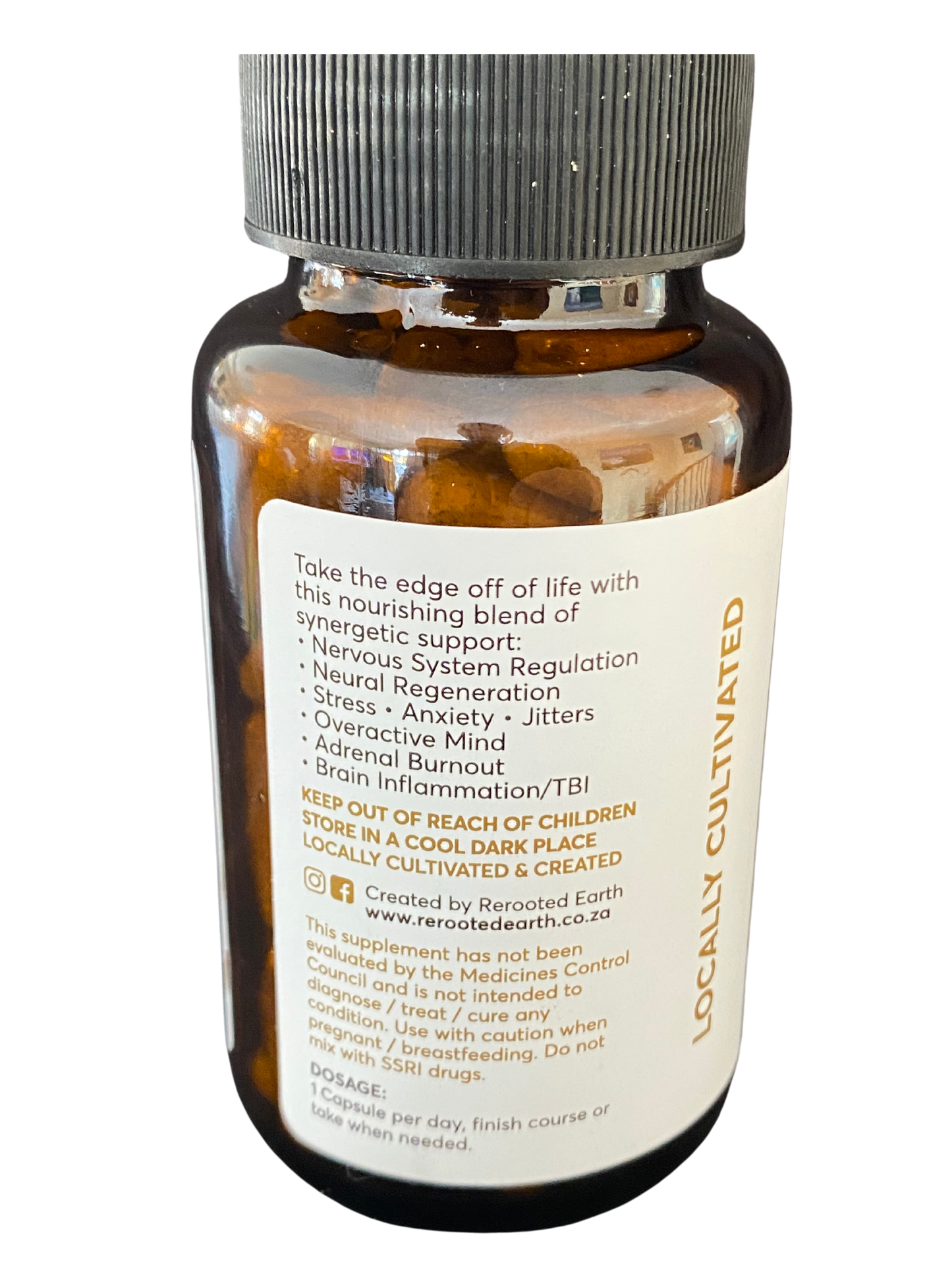 A bottle of Presence adaptogenic supplement highlighting benefits like nervous system regulation and stress relief. The label includes usage instructions