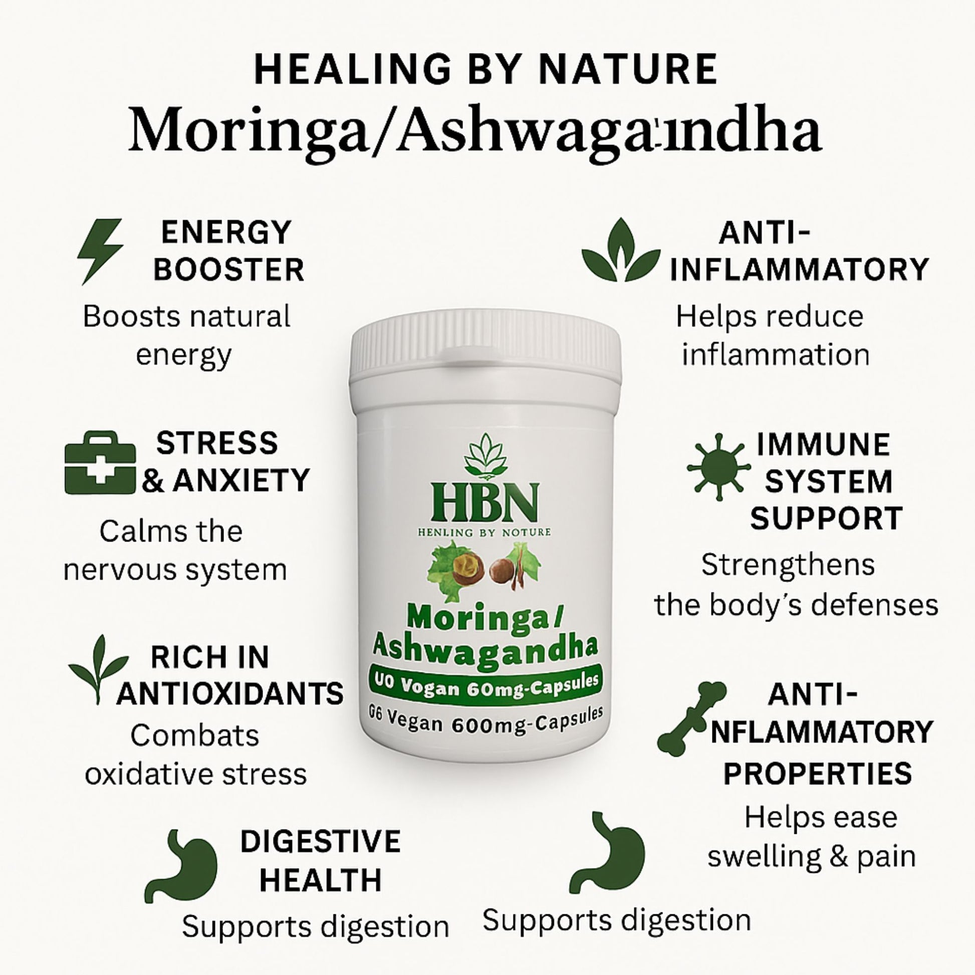 Moringa and Ashwagandha capsules for energy, stress, digestion, inflammation, and immune system support.