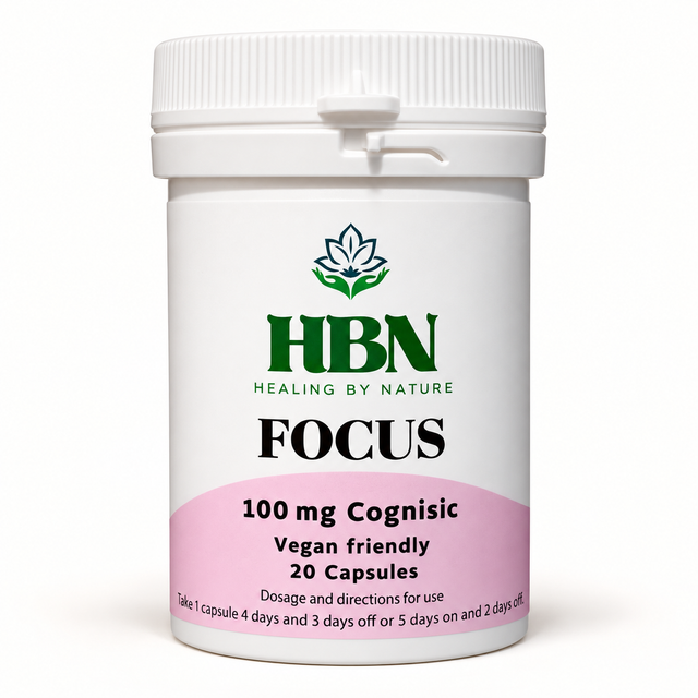 Healing by Nature Focus bottle labelled 100 mg Cognisic and 20 vegan-friendly capsules on a light background