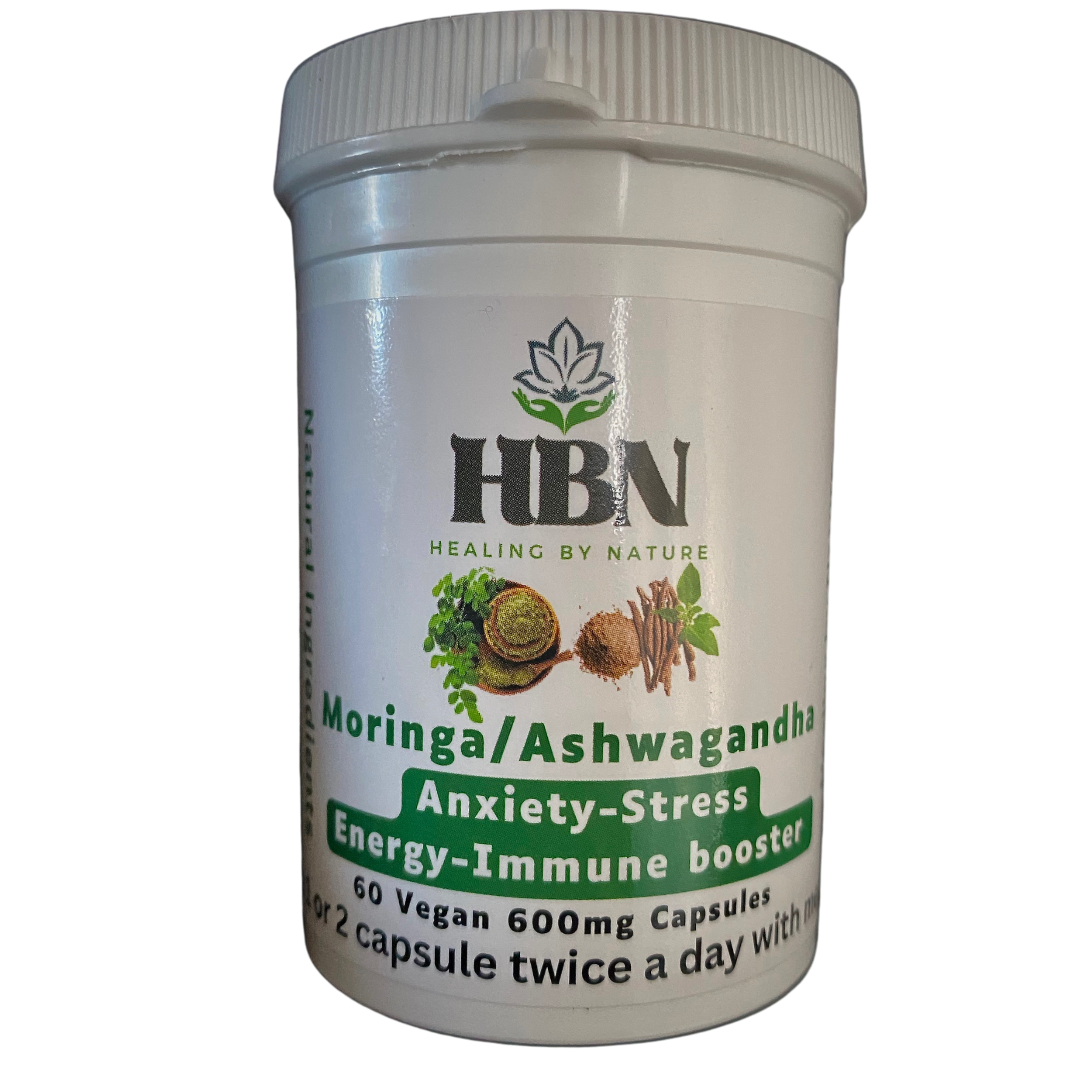 A container of Healing by Nature Ashwagandha and Moringa Blend capsules, with 60 capsules inside. The container is white with green and black text and an illustration of a leaf and capsules.