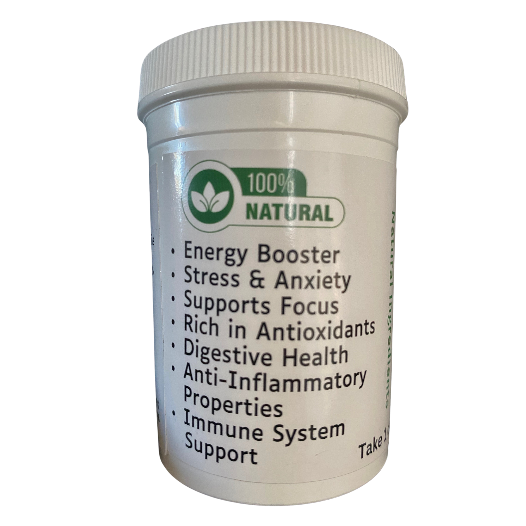 Back label of HBN Moringa Ashwagandha capsules showing key health benefits for energy, focus, stress, and immunity.