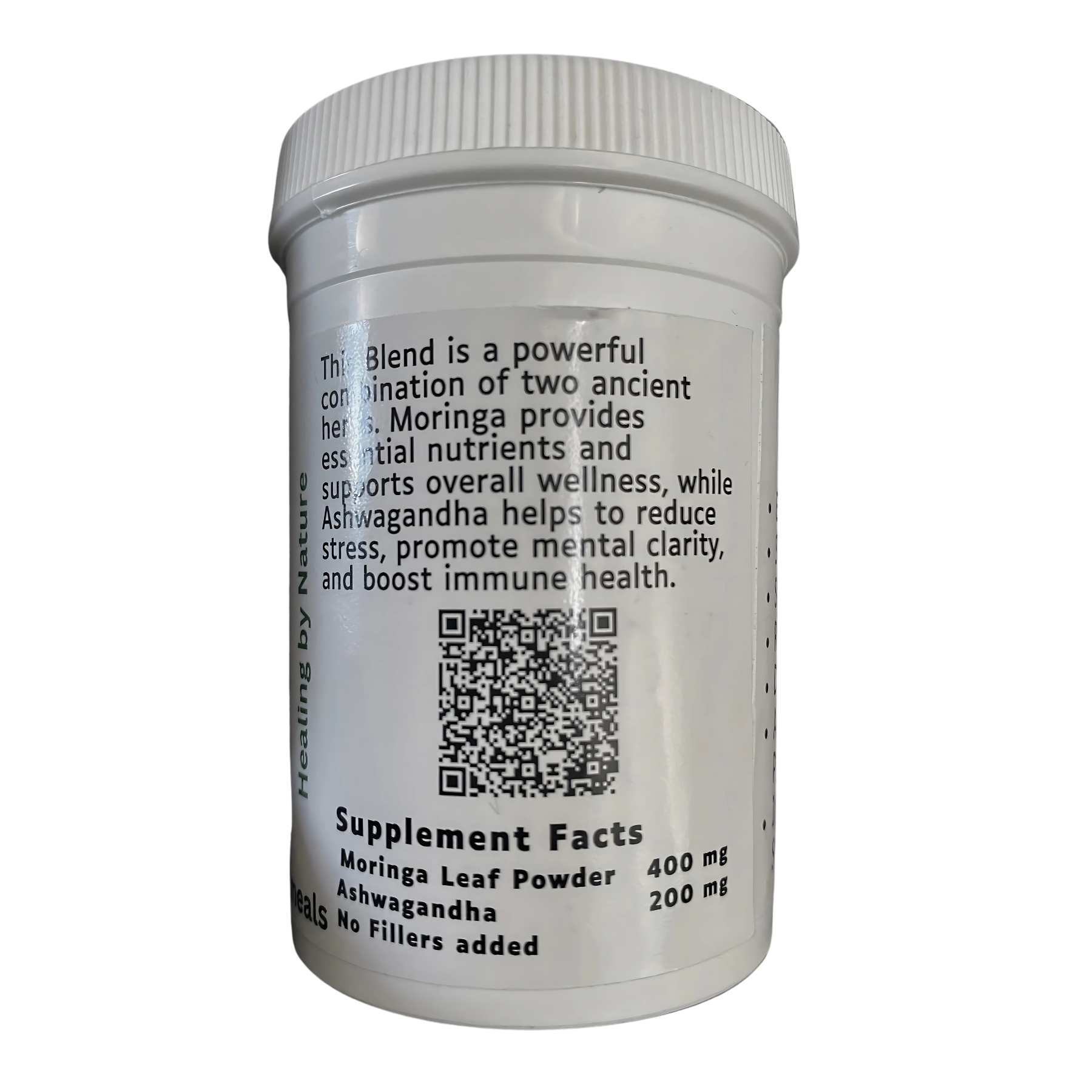 Supplement facts of HBN Moringa Ashwagandha showing dosage, no fillers, and wellness benefits for stress and immune support.