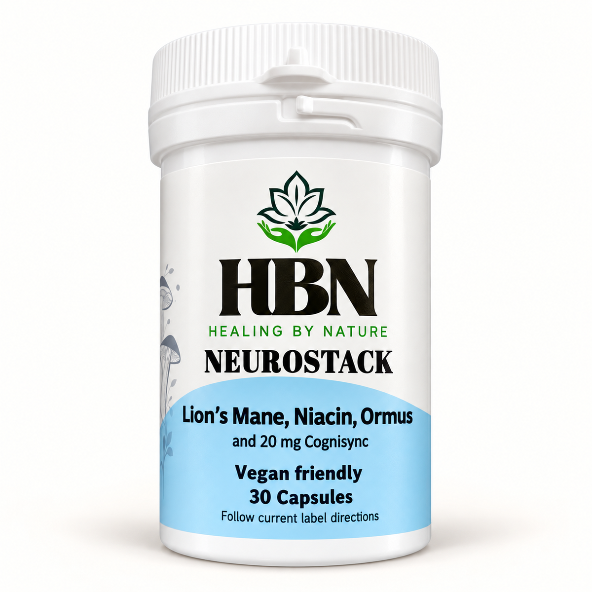 Healing by Nature NeuroStack bottle with 30 vegan capsules and blue front label.