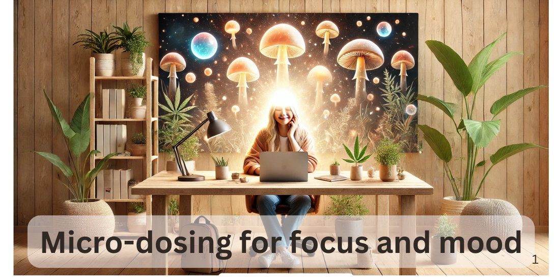 A person sits at a desk surrounded by plants, with glowing mushrooms and cosmic visuals behind them. Text reads: "Micro-dosing for focus and mood."