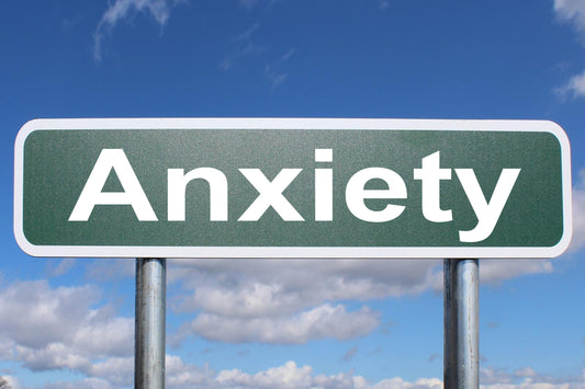 The image shows a green road sign labeled “Anxiety” against a blue sky, symbolizing the challenges of navigating anxiety and mental health issues.