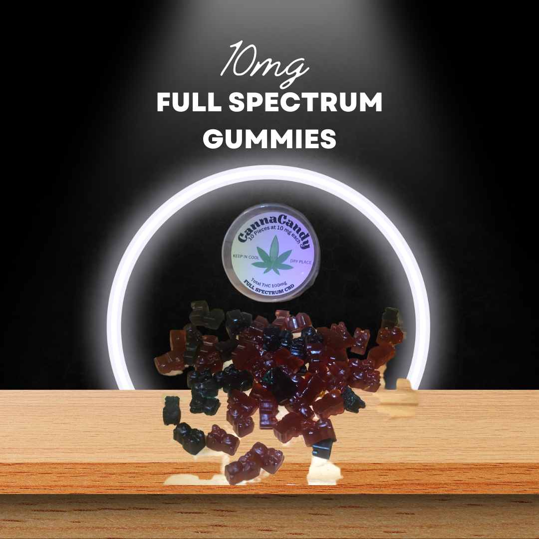  A display of 10 mg full-spectrum CBD gummies on a wooden surface, with a product jar and glowing ring light in the background.