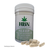 HBN Sleep bottle labelled CBD and cacao butter, with loose capsules