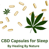 CBD Capsules for Sleep graphic with capsules and cannabis leaves