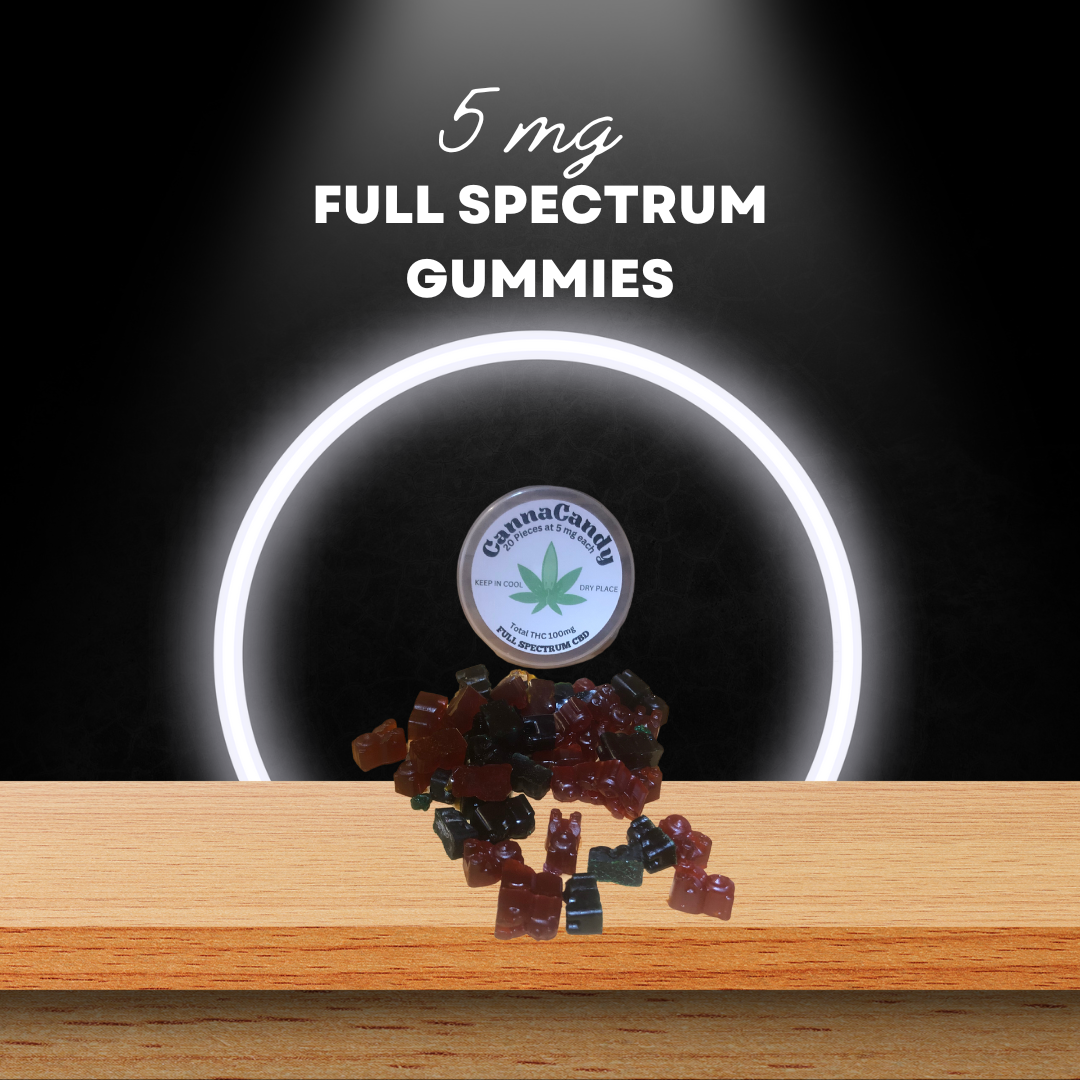  Image showing 5 mg full-spectrum gummies in various colors on a wooden surface, with a product jar and glowing ring light in the background.