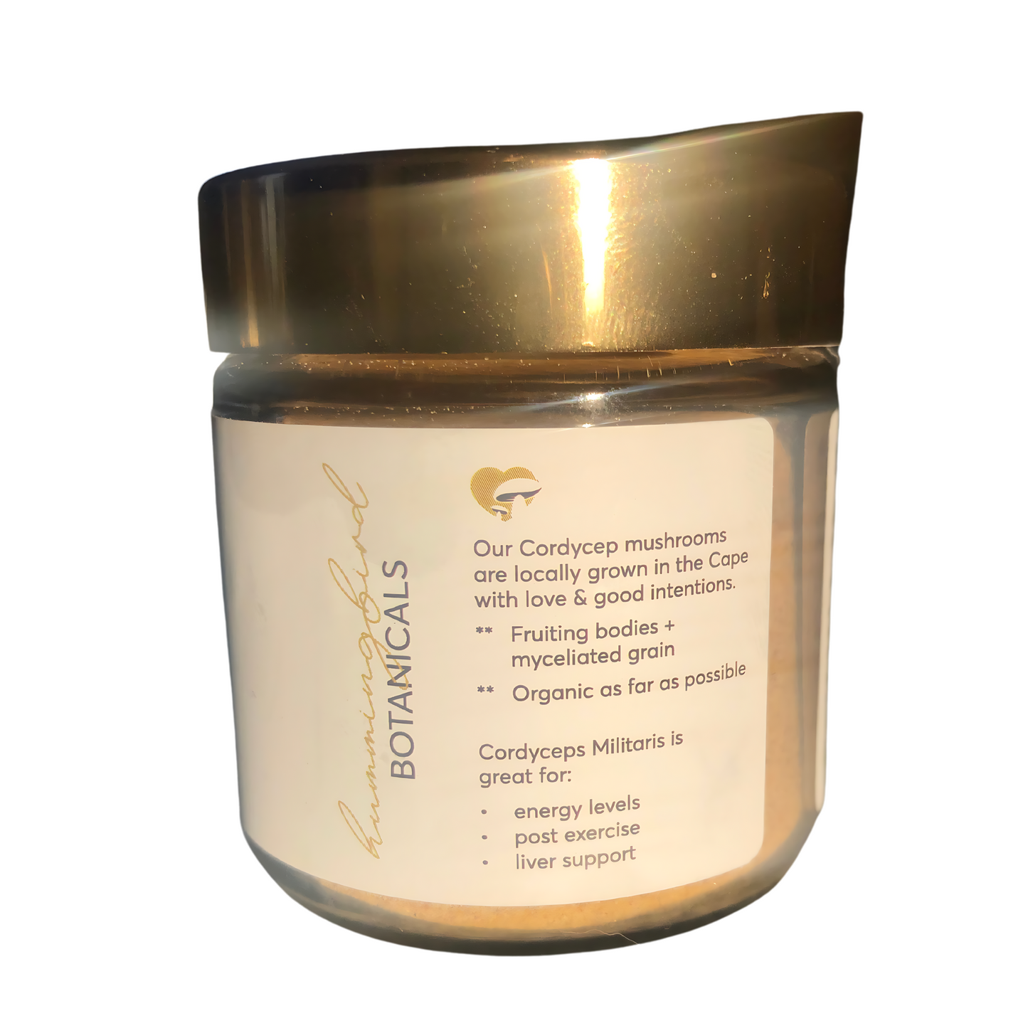 A jar of Cordyceps mushroom powder with a gold lid, featuring a label detailing its locally grown origins, benefits for energy and liver support, and organic ingredients.







