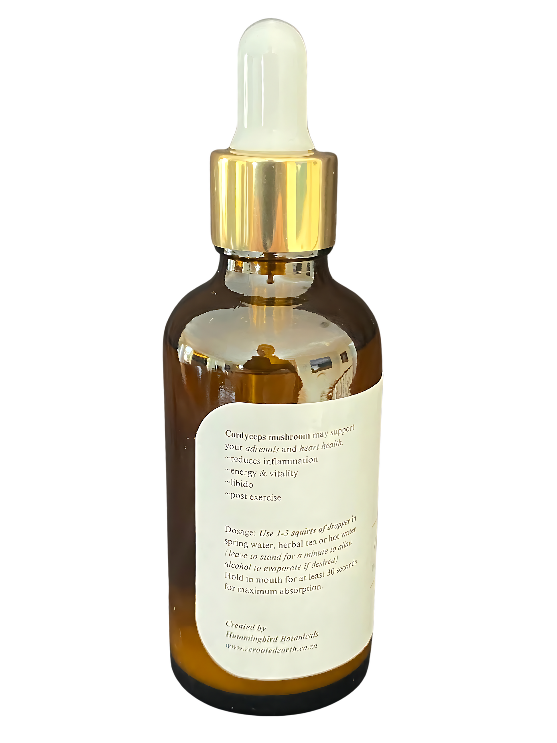 A brown tincture bottle with a gold dropper cap and a simple white label displaying product information, designed for the Healing by Nature website.