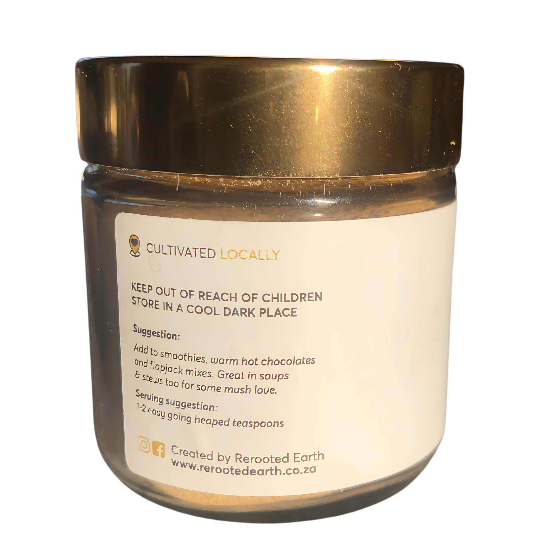 A jar of Cordyceps functional mushroom powder with a gold lid, showing usage suggestions and storage instructions on the label, displayed for the Healing by Nature website.