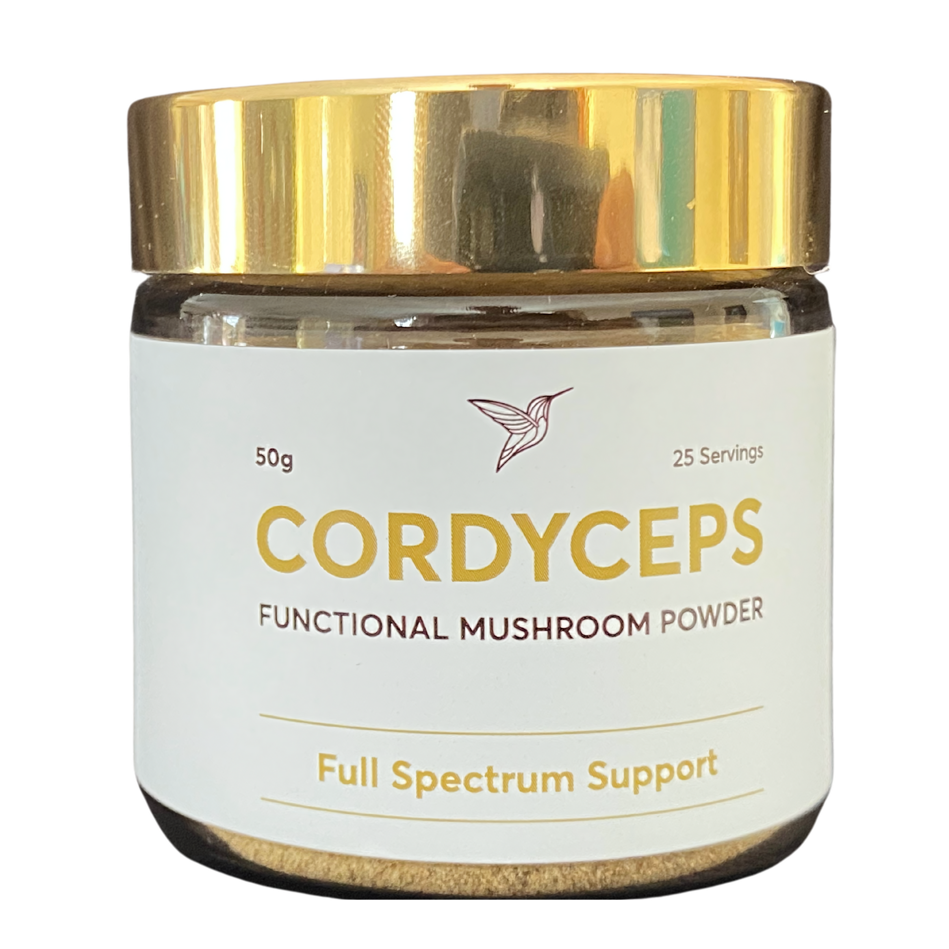 A jar of Cordyceps functional mushroom powder with a gold lid and minimalist white label, offering 50g for full-spectrum support, displayed for the Healing by Nature website.