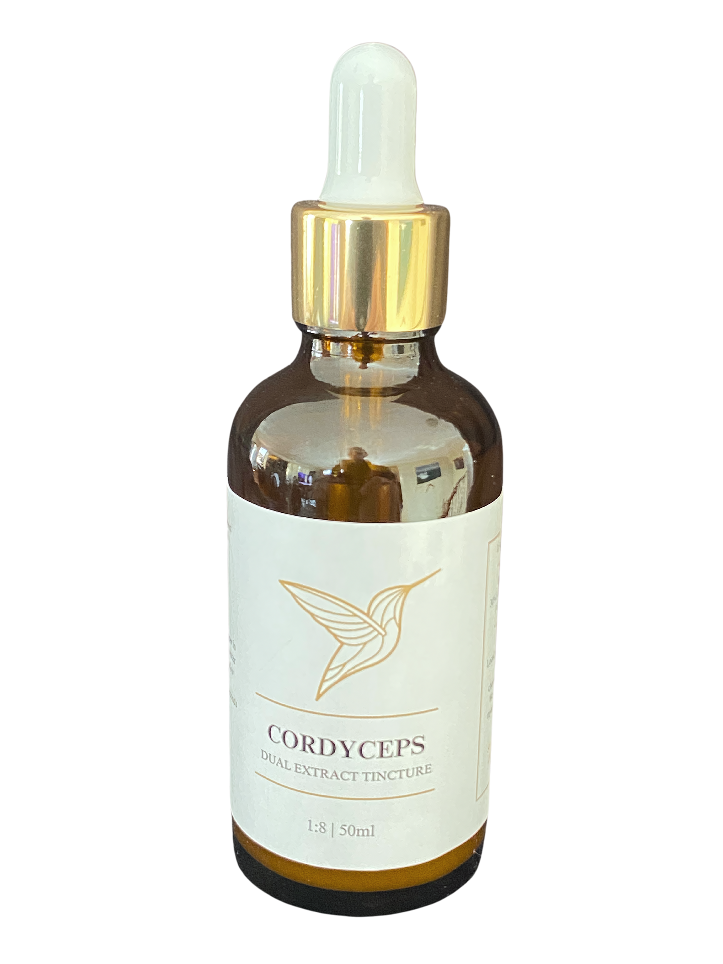 A bottle of Cordyceps dual extract tincture with a dropper, featuring a minimalist label design with a gold hummingbird logo.