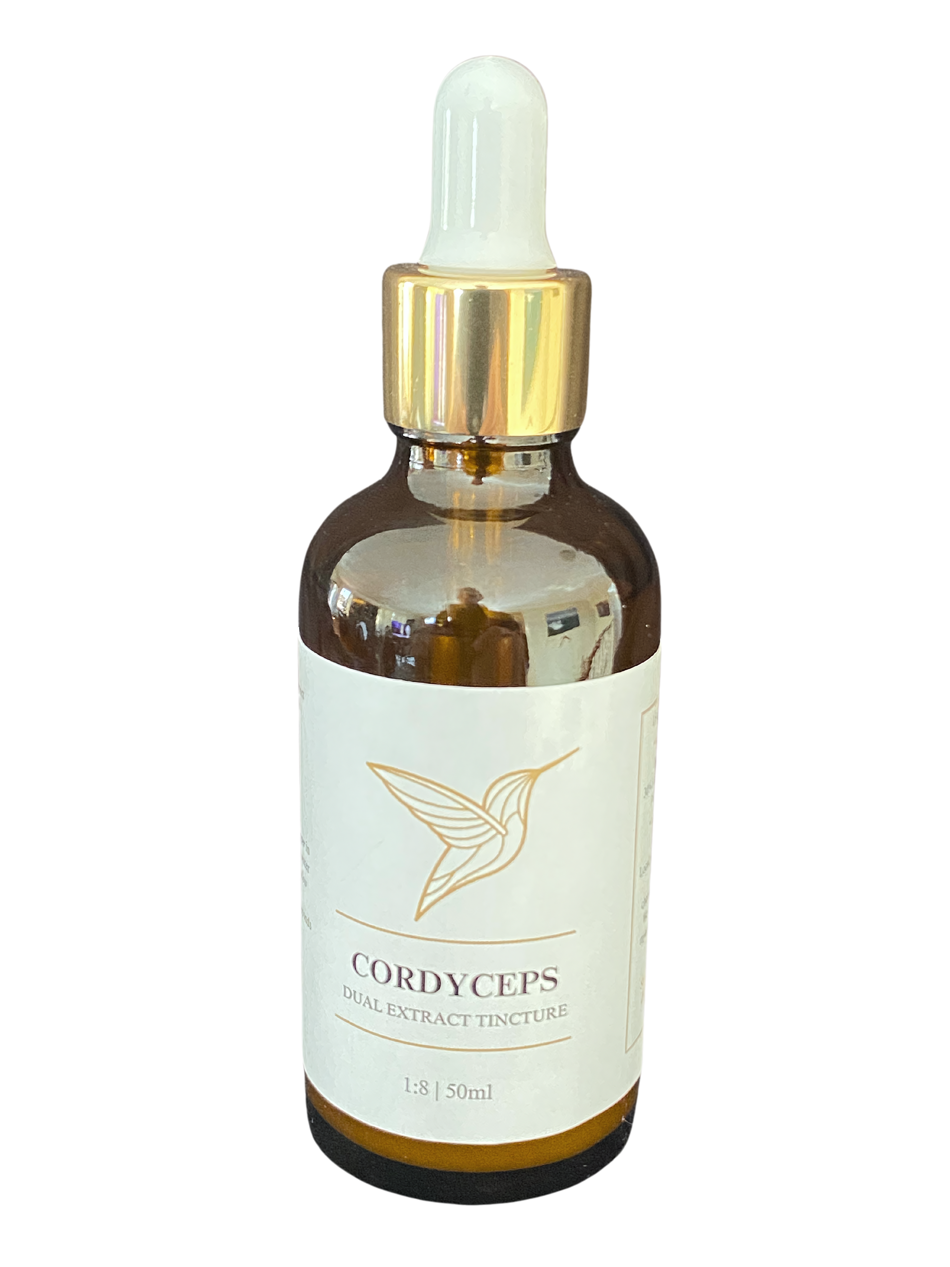 A bottle of Cordyceps dual extract tincture with a dropper, featuring a minimalist label design with a gold hummingbird logo.