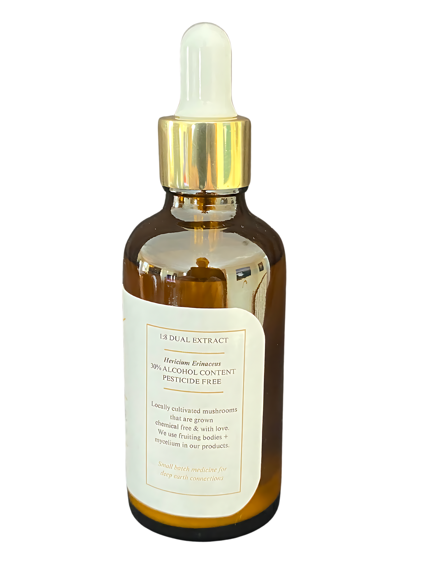 A brown tincture bottle with a gold dropper cap, featuring a minimal label with product details on the back, for the Healing by Nature website.