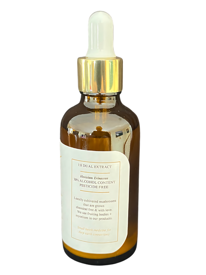 A brown tincture bottle with a gold dropper cap, featuring a minimal label with product details on the back, for the Healing by Nature website.