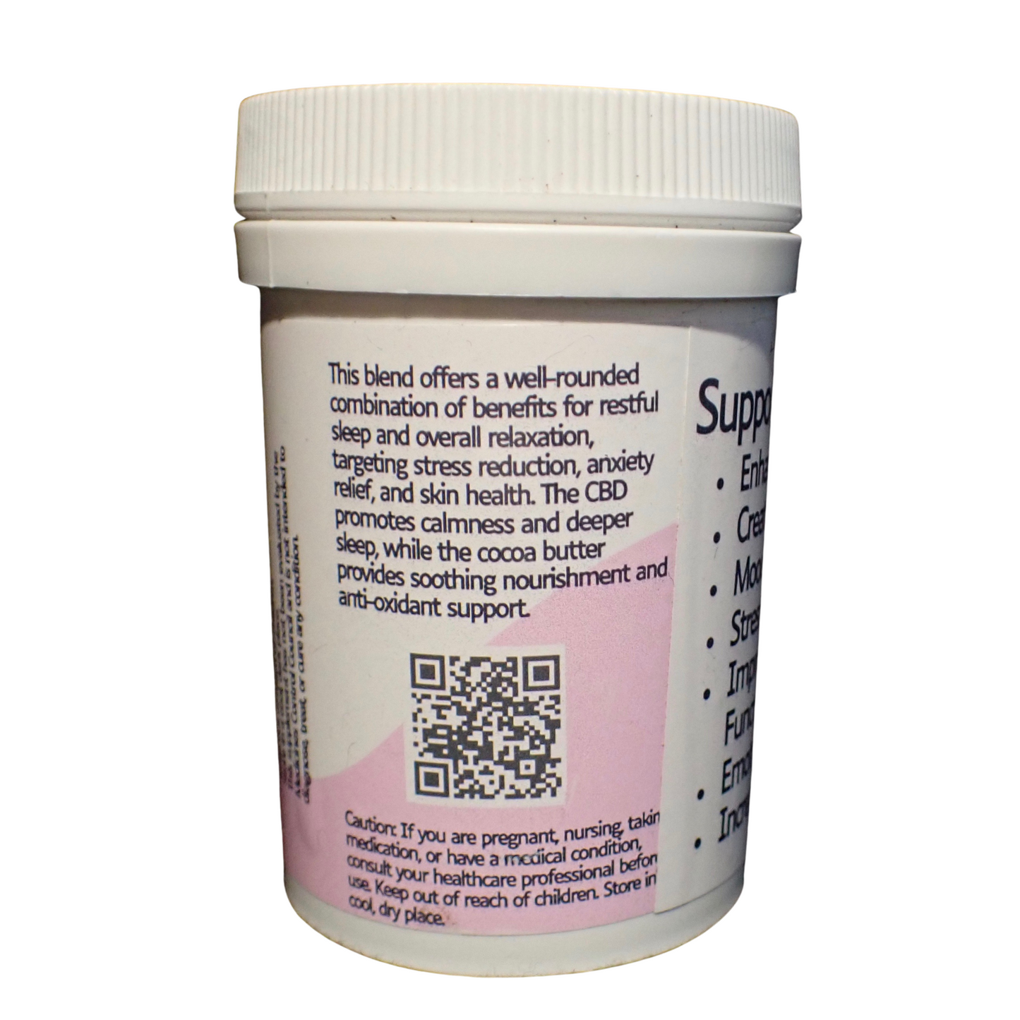 White bottle with a label listing benefits for sleep, relaxation, and skin health, with a small QR code and caution text below