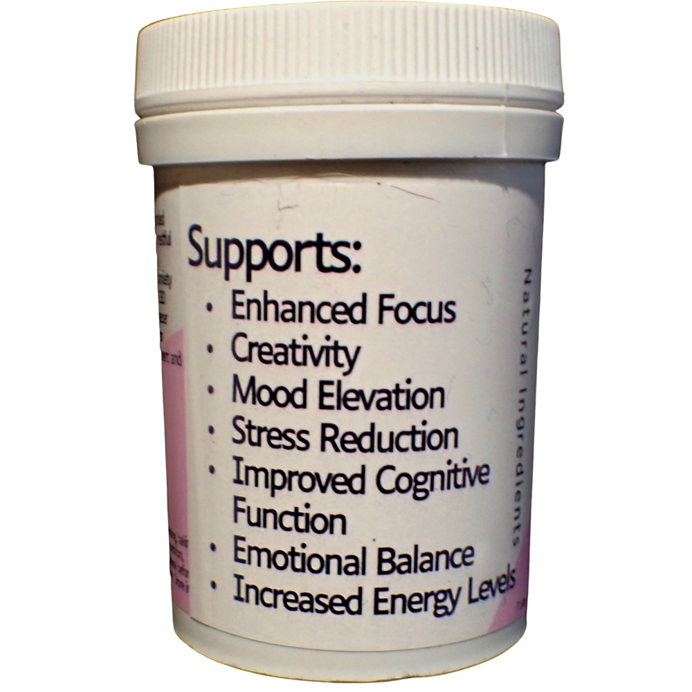 HBN Focus Capsules bottle side label listing benefits: Enhanced Focus, Creativity, Mood Elevation, Stress Reduction, and more