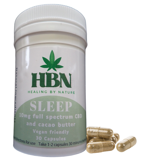 Vegan-friendly HBN Sleep Capsules with 10mg full-spectrum CBD and cacao butter for relaxation and sleep support.