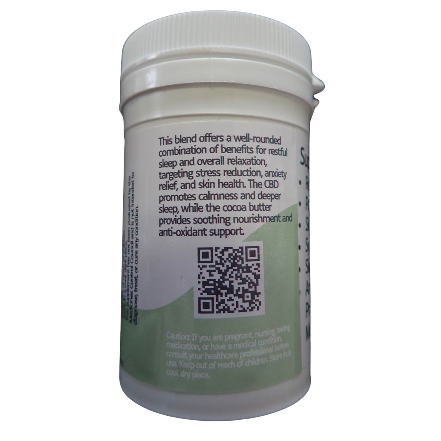 Back label of HBN Sleep Capsules detailing benefits for sleep, stress reduction, relaxation, and antioxidant support with QR code