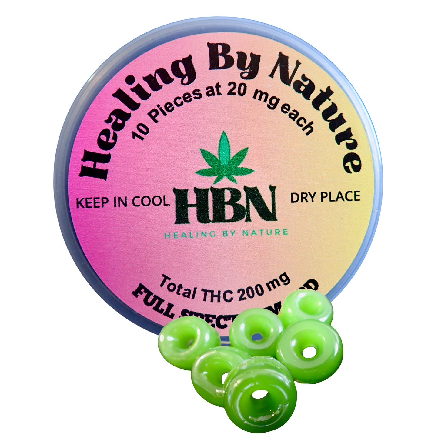 A round container labeled "Healing By Nature" with 10 green gummies in front. The label says 20mg per gummy, totaling 200mg THC