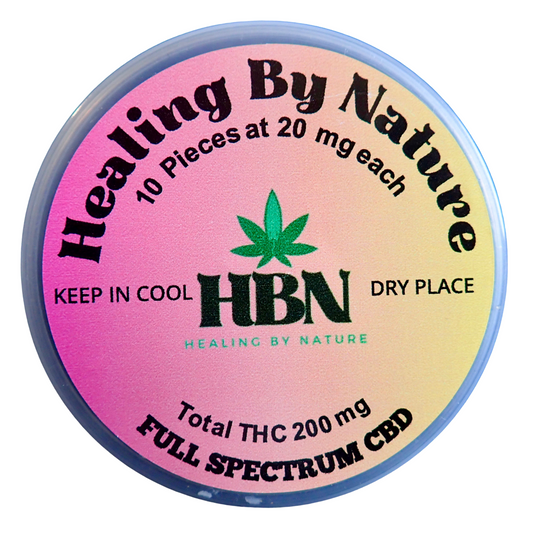 Healing By Nature (HBN) full-spectrum CBD gummies, 10 pieces at 20mg each, 200mg THC total. Store in a cool, dry place.