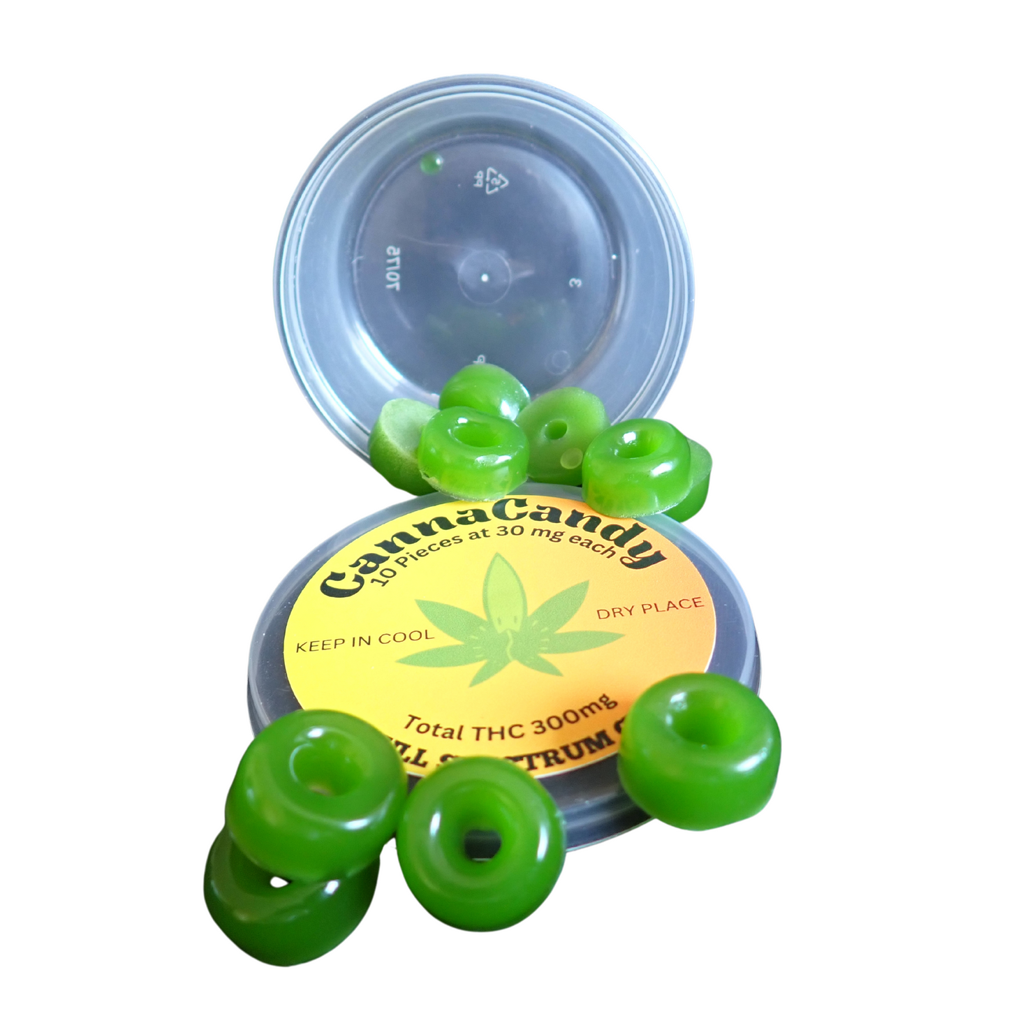 An open container labeled "Healing By Nature" with 10 green gummies spilled out. The label states 30mg per gummy, totaling 300mg THC