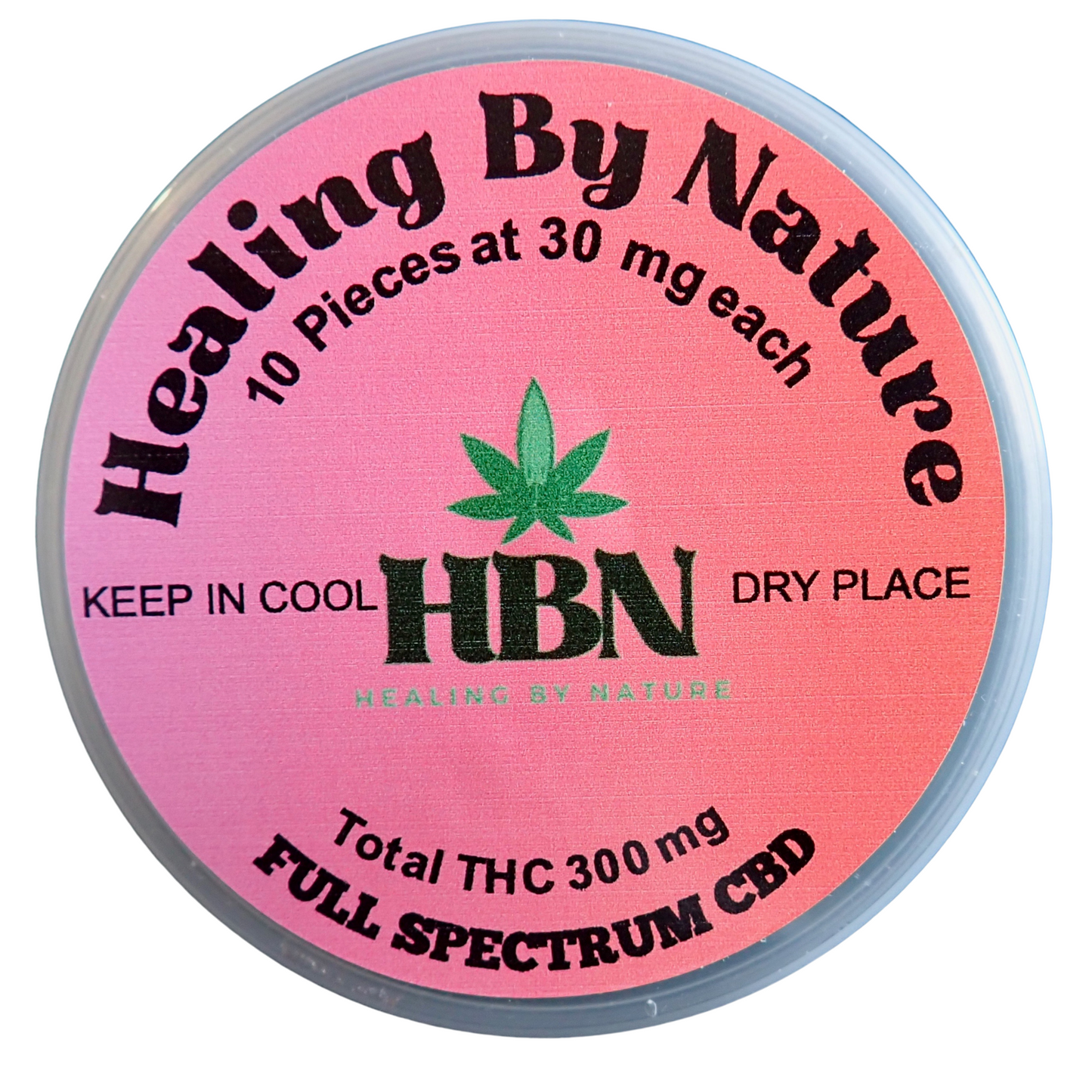 A round container labeled "Healing By Nature" with text stating 10 pieces, each 30mg, totaling 300mg THC. It also says "Full Spectrum CBD