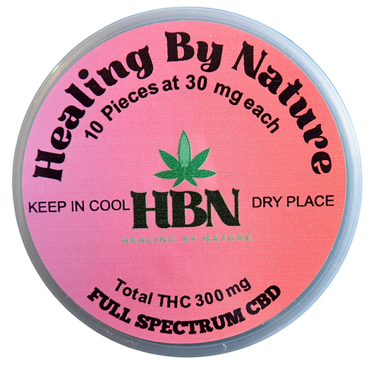 A round container labeled "Healing By Nature" with text stating 10 pieces, each 30mg, totaling 300mg THC. It also says "Full Spectrum CBD