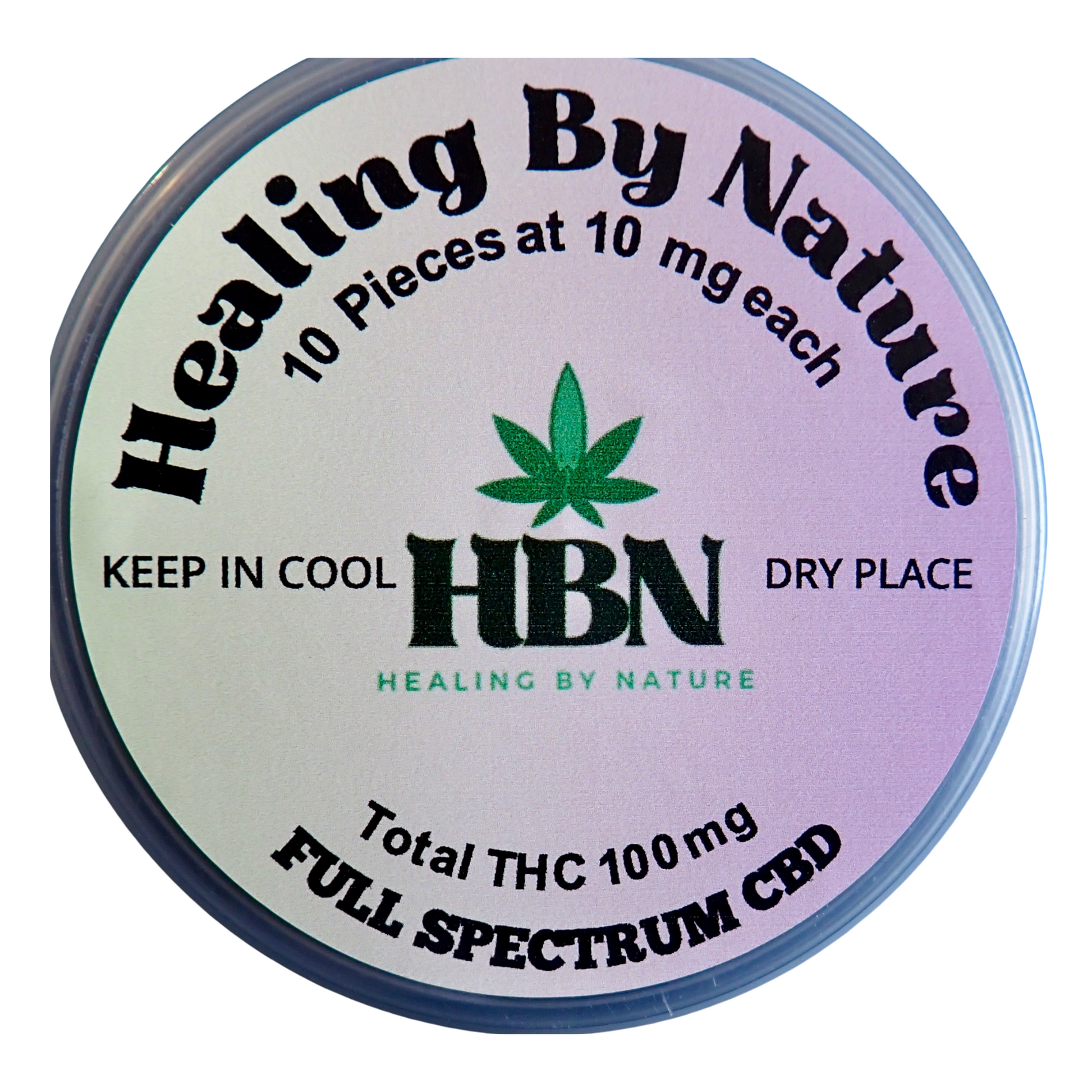 A round container labeled "Healing By Nature," containing 10 pieces of 10mg gummies, totaling 100mg THC. The label says "Full Spectrum CBD" and "Keep in cool, dry place."