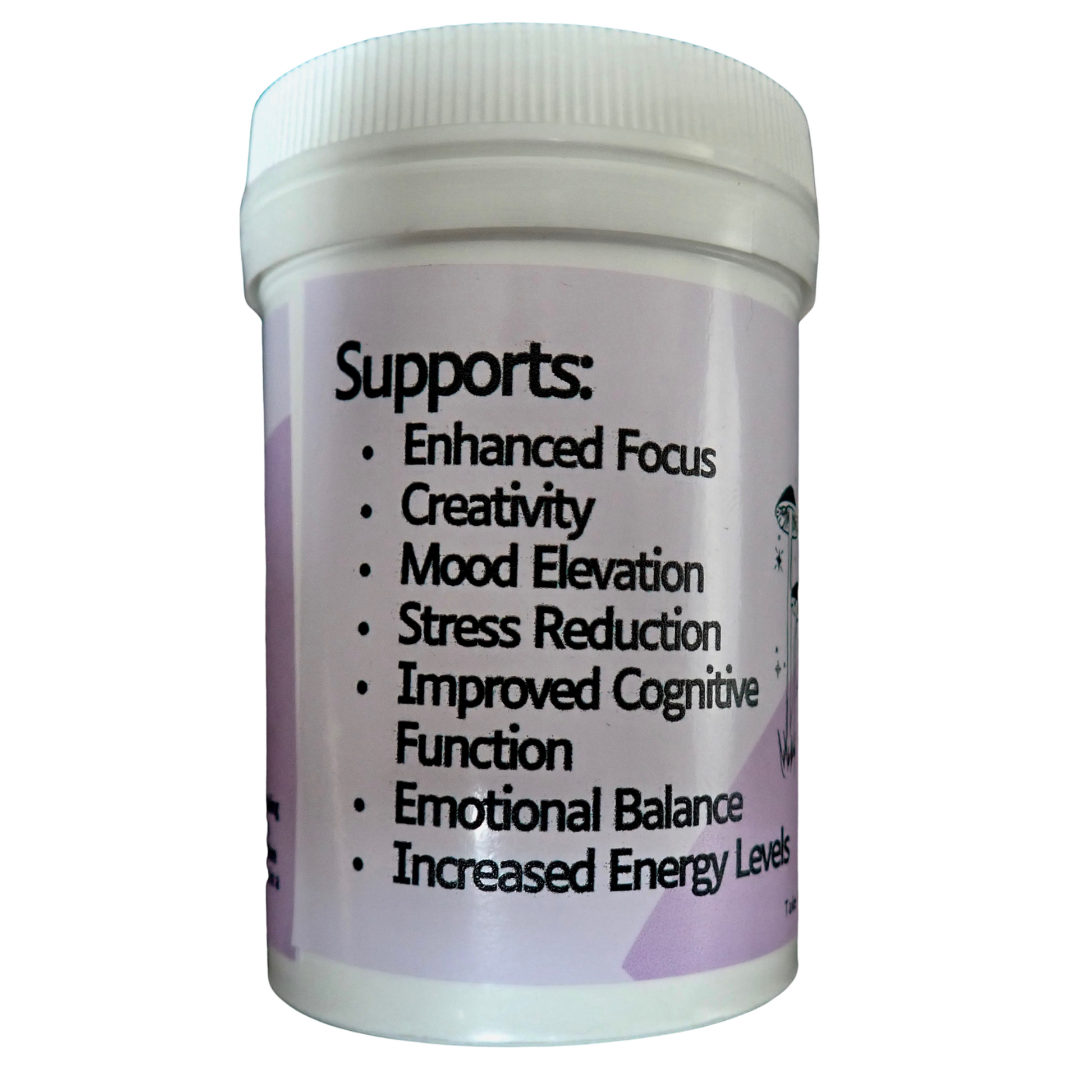 Side label listing benefits: Enhanced Focus, Creativity, Mood Elevation, Stress Reduction, Improved Cognitive Function, Emotional Balance, and Increased Energy.