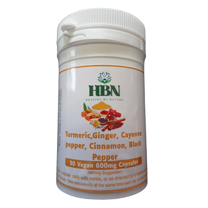 HBN 600 mg vegan capsules featuring turmeric, ginger, cayenne, cinnamon, and black pepper for anti-inflammatory benefits.