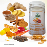 Healing by Nature InflammaShield capsule bottle with turmeric, ginger, cayenne, cinnamon and black pepper on the label