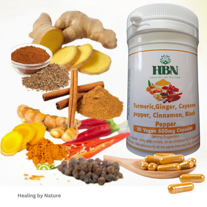 Healing by Nature 600 mg vegan capsules with turmeric, ginger, cayenne, cinnamon, and black pepper for inflammation and digestion.