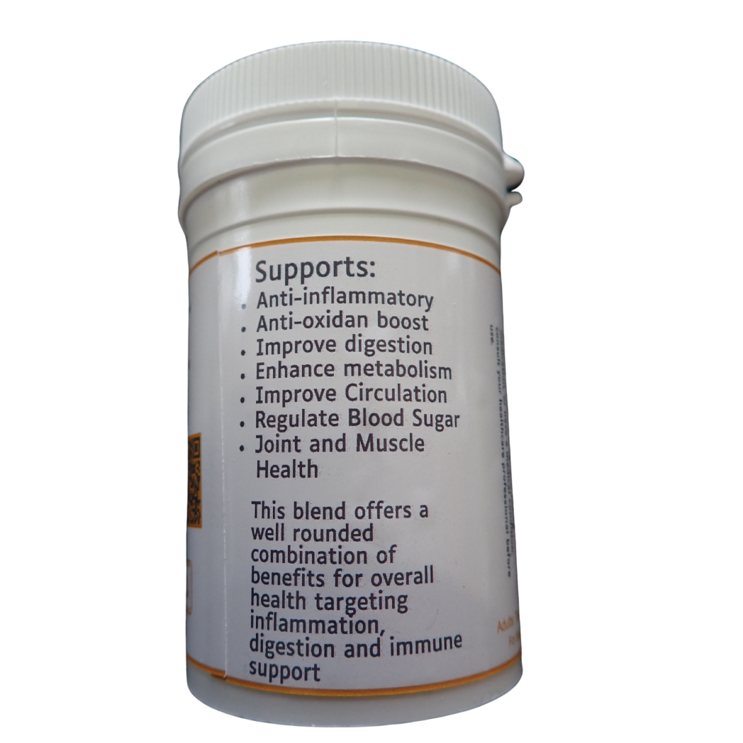 **Alt Text**:  
HBN supplement label listing benefits: anti-inflammatory, antioxidant, digestion, circulation, blood sugar, joint, and muscle health.