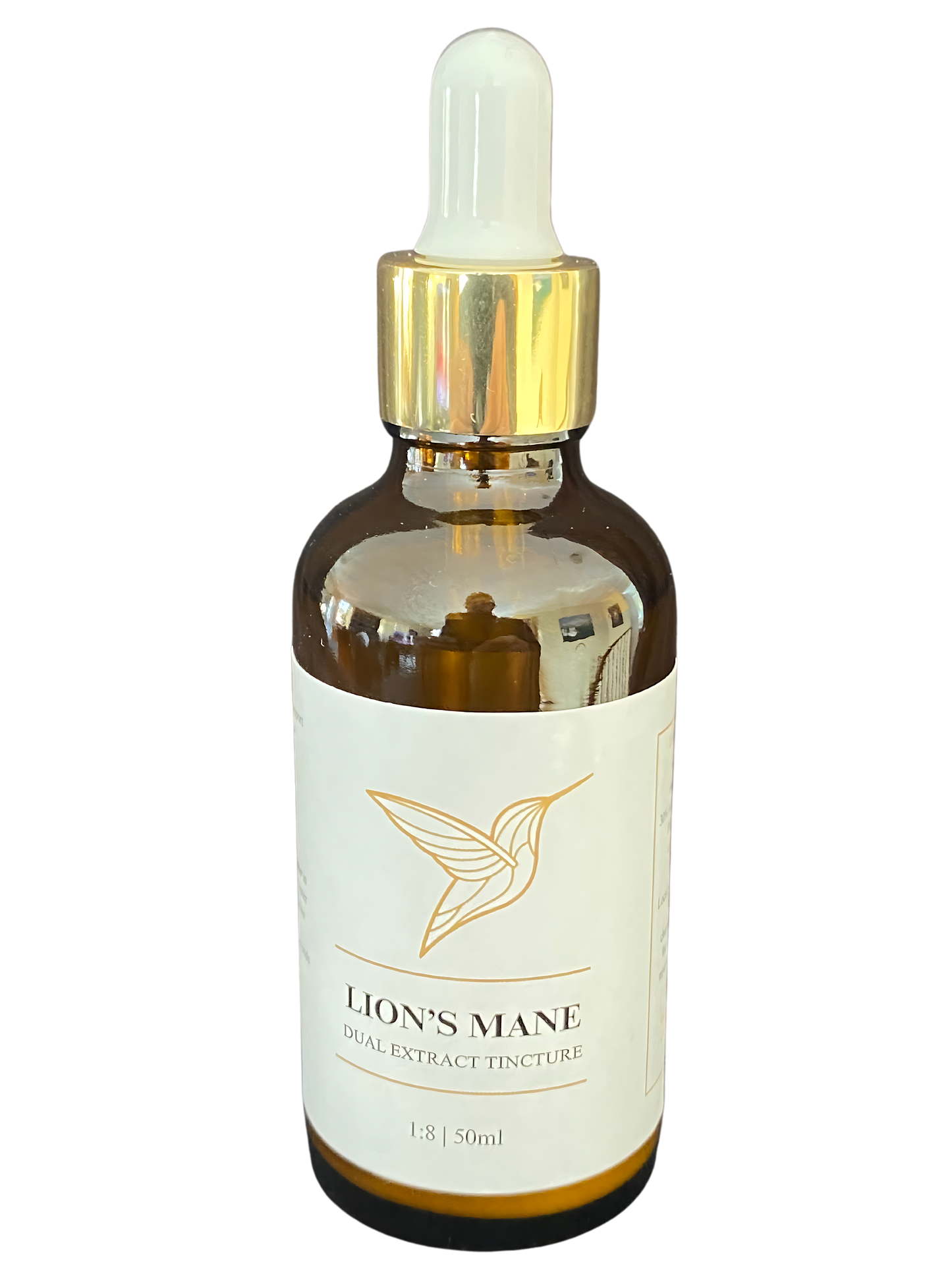 A bottle of Lion's Mane dual-extract tincture with a gold dropper cap, featuring a minimalist white label with a gold hummingbird logo, displayed for the Healing by Nature website.