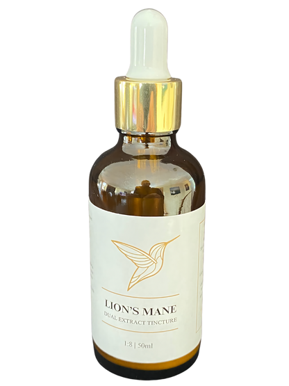 A bottle of Lion's Mane dual-extract tincture with a gold dropper cap, featuring a minimalist white label with a gold hummingbird logo, displayed for the Healing by Nature website.