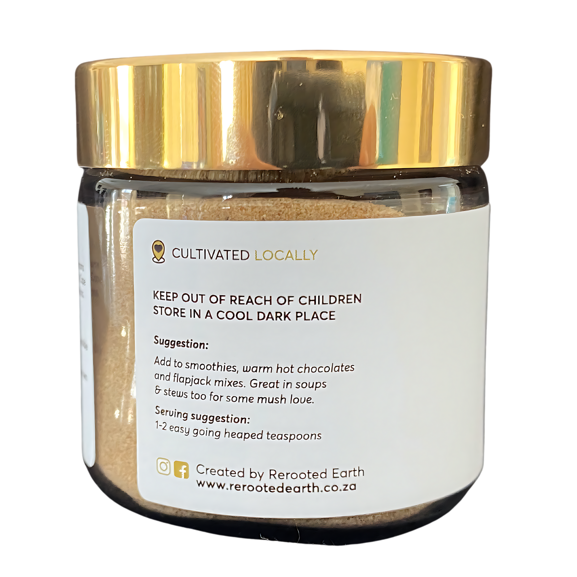 A jar of Lion's Mane functional mushroom powder with a gold lid, displaying storage instructions, usage suggestions, and brand information on the label. 







