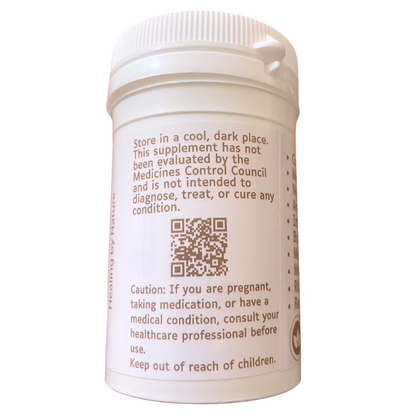 A white supplement bottle with a label advising storage in a cool, dark place. It includes a QR code and a cautionary message stating the product has not been evaluated by the Medicines Control Council and is not intended to diagnose, treat, or cure any condition.